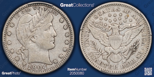 1904 Barber Quarter comparison: Philadelphia (no mint mark) versus 1904-O New Orleans quarter showing O mint mark location