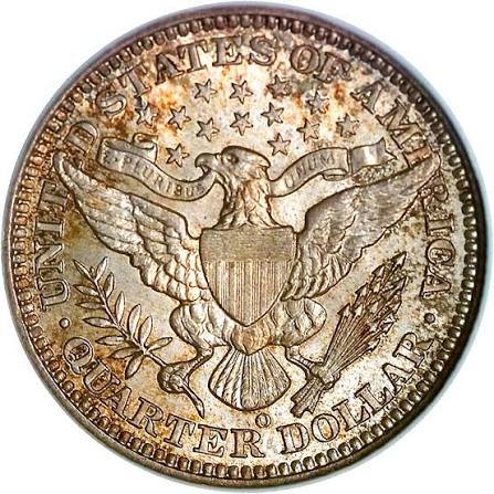 1904-O Barber Quarter repunched mint mark showing doubled O impression on reverse