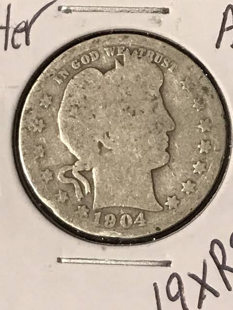 1904 Barber Quarter off-center strike showing crescent-shaped blank area and partial design