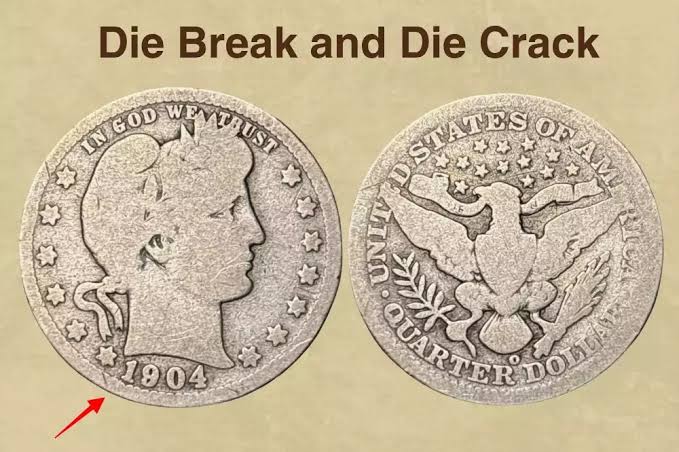 1904 Barber Quarter die crack showing raised line of metal running through the coin's obverse field