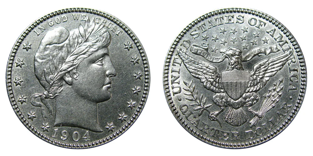 Historical group showing 1904 Barber Quarters from Philadelphia and New Orleans mints in various grades