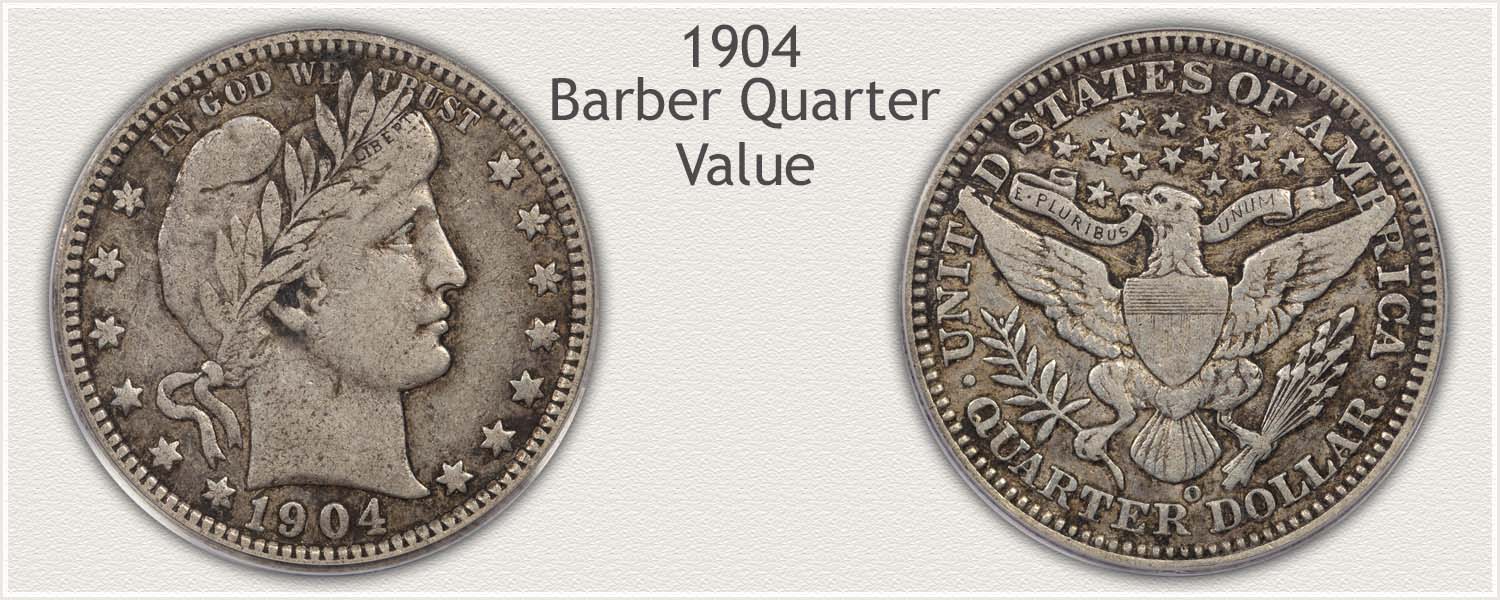1904 Barber Quarter grading strip showing four coins from worn Good condition to gem Mint State from left to right